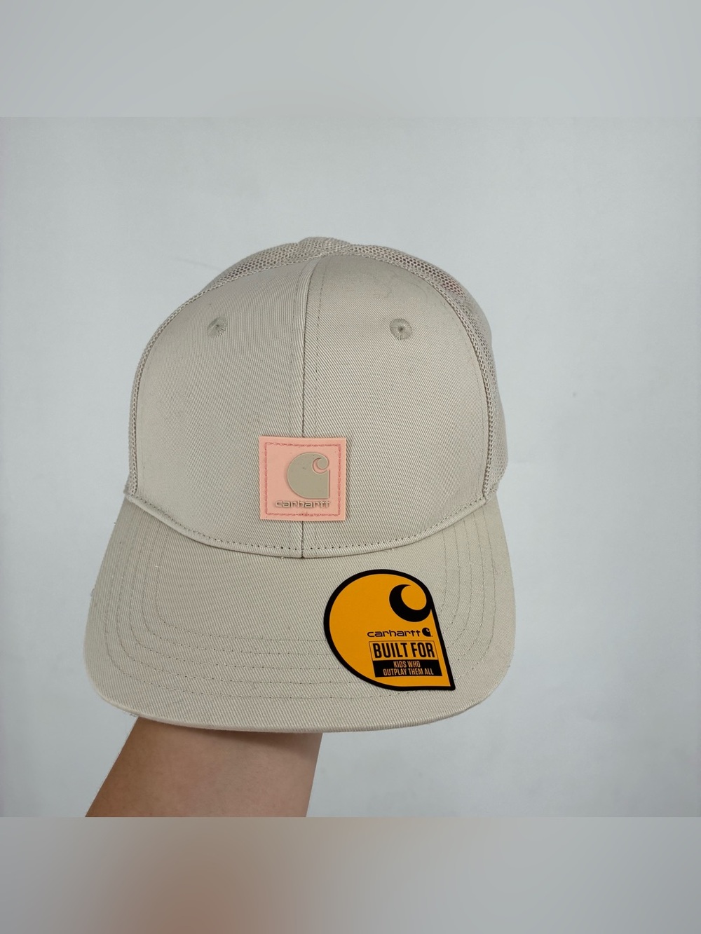 Carhartt Kids Trucker Hat Beige Canvas Mesh Pink Logo Patch Baseball Cap New